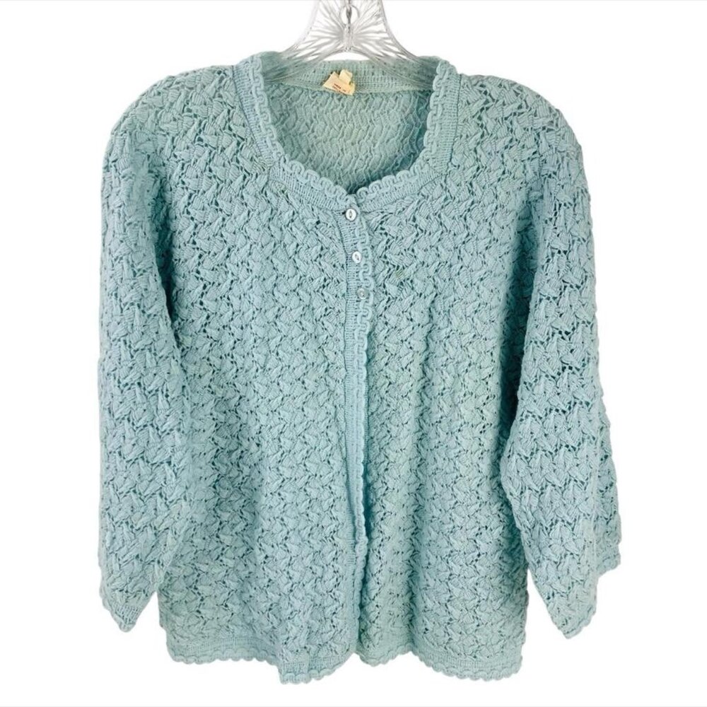 Monfort Pure Wool Open Knit Cardigan Sweater 3/4 Sleeves Made In England